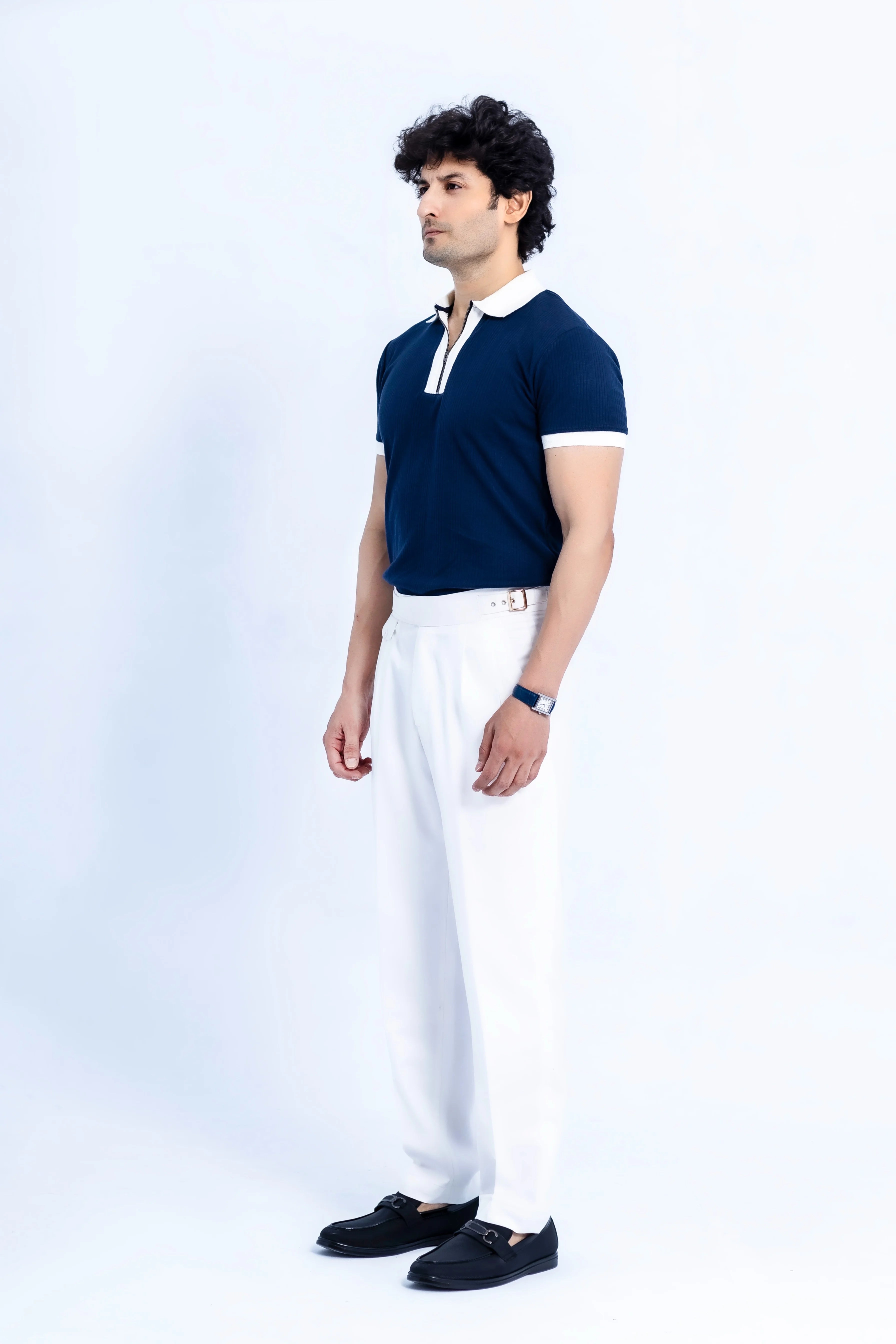 Navy Zip Polo — Contrast Collar