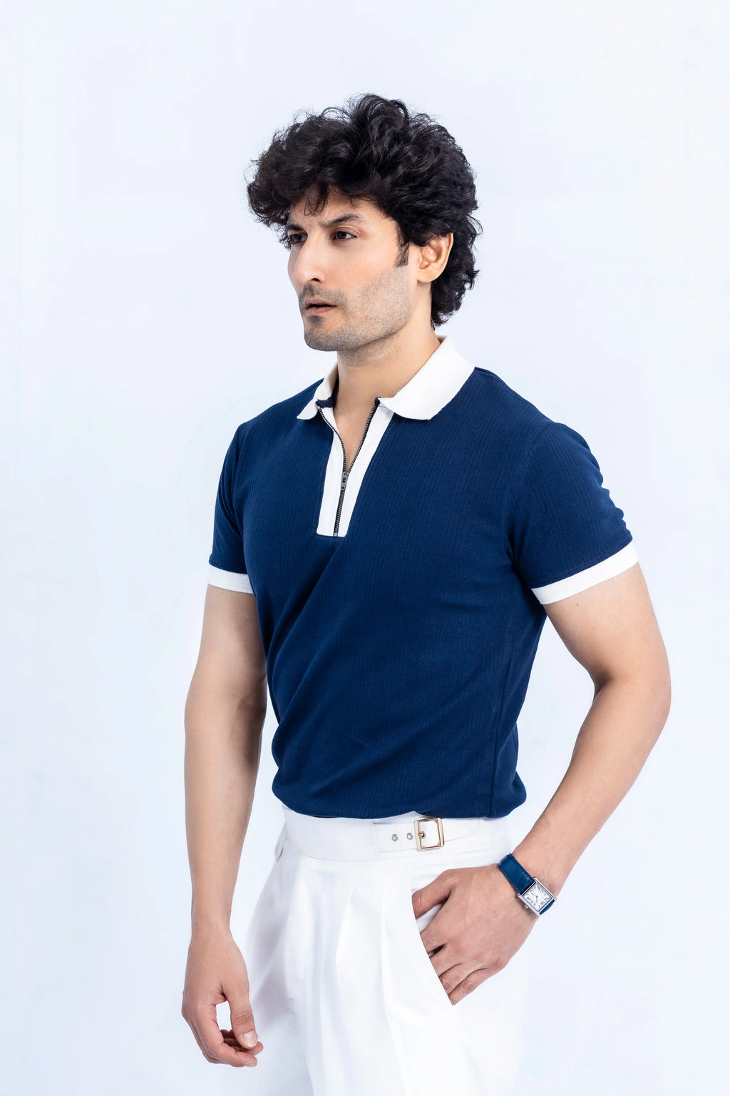 Navy Zip Polo — Contrast Collar