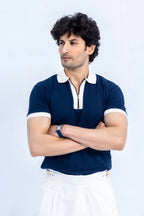 Navy Zip Polo — Contrast Collar