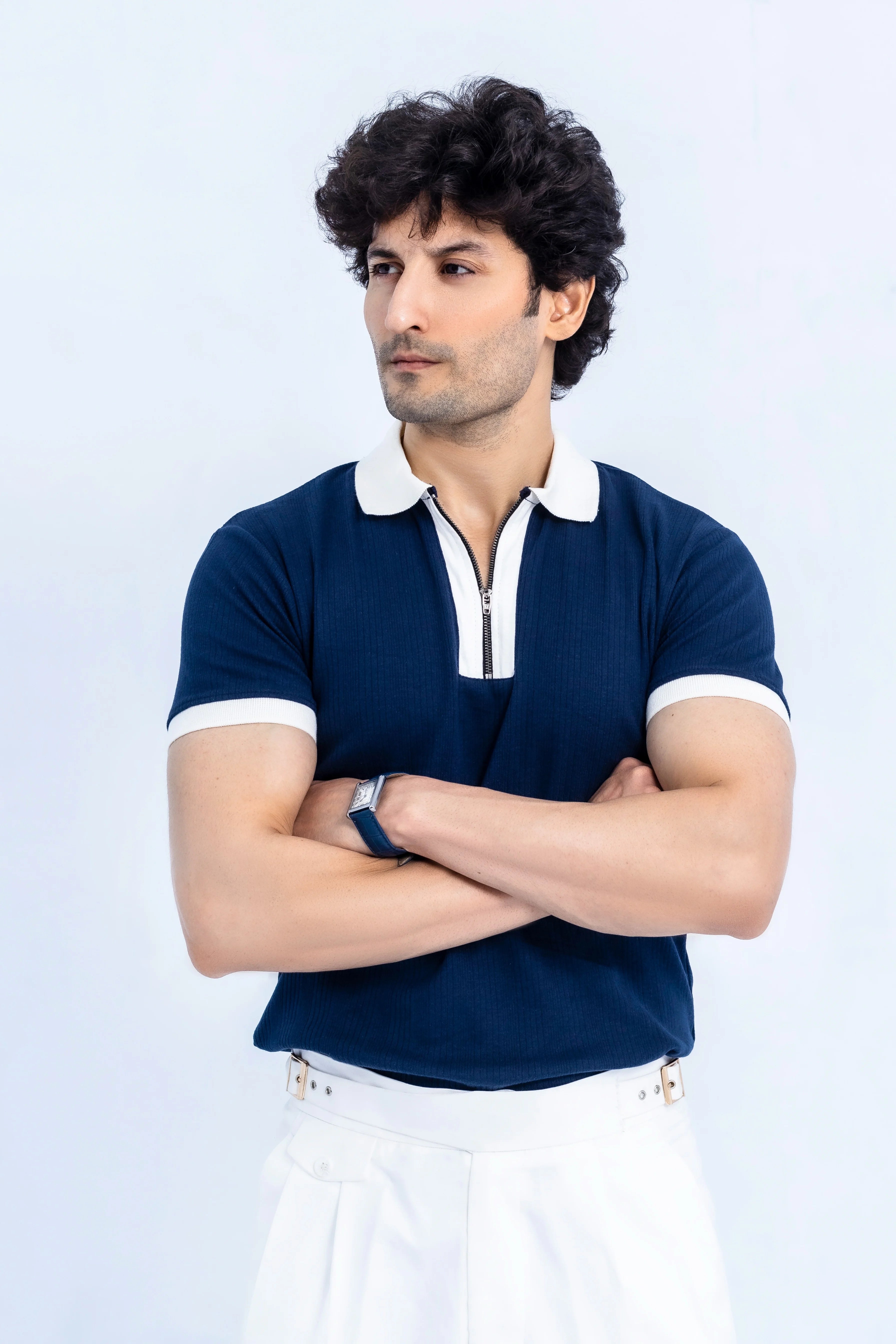 Navy Zip Polo — Contrast Collar