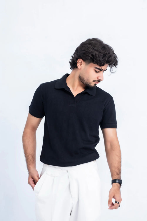 Jet Black Open-Collar Polo